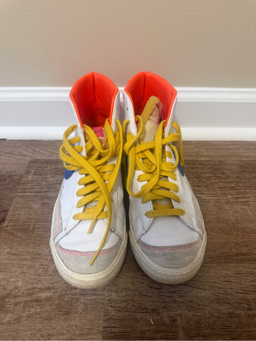 Women’s Nike Blazer Mid Sneaker - White with Blue Swoosh & Pink/Orange Accents - Picture 2 of 5
